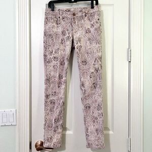 Embroidered Stretch Skinny Jeans- Oatmeal Cream Brown Paisley Design- Size 4